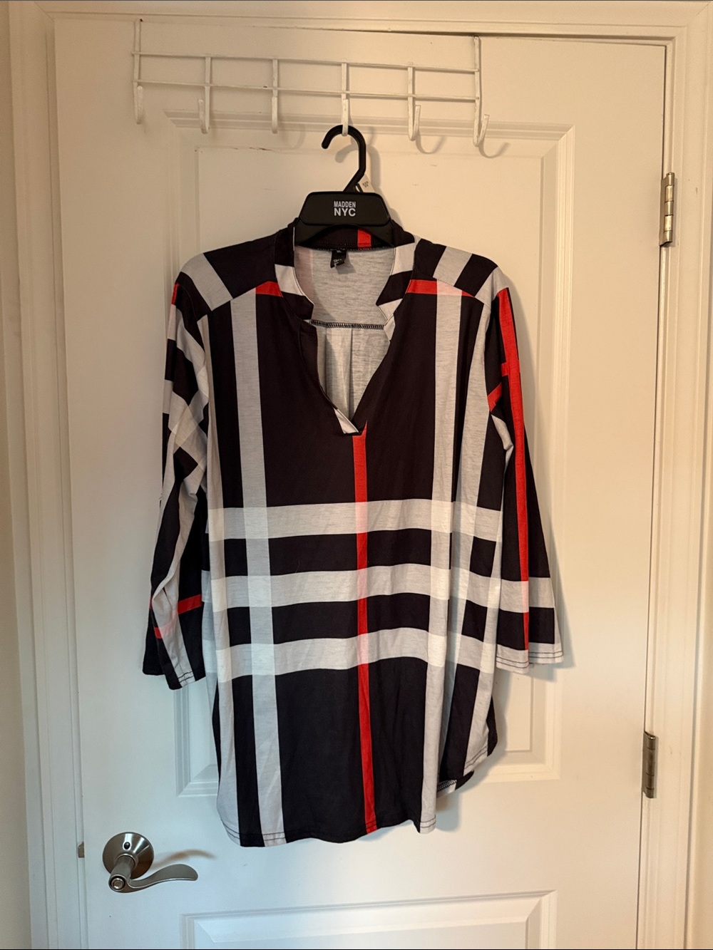 Women's Black & White Stripe Tunic with Red Accent